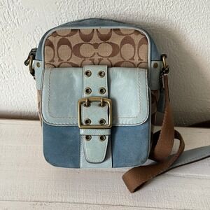 Coach Signature Canvas Crossbody Bag Light Blue Leather Trim Style 7062